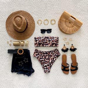 Blogger Sarah Lindner of The House of Sequins styling leopard swimsuit.