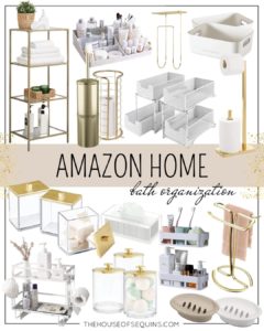 Blogger Sarah Lindner of The House of Sequins sharing Amazon Home favorites of bathroom storage and vanity organization.