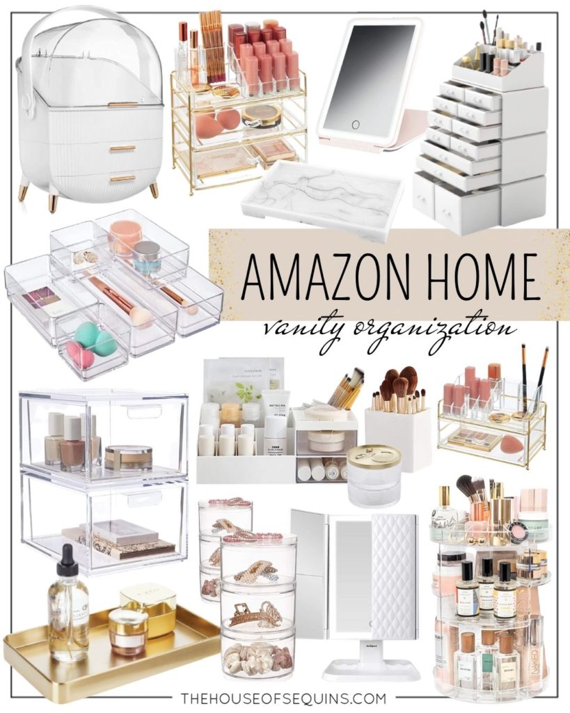 Blogger Sarah Lindner of The House of Sequins sharing Amazon Home favorites of bathroom storage and vanity organization.