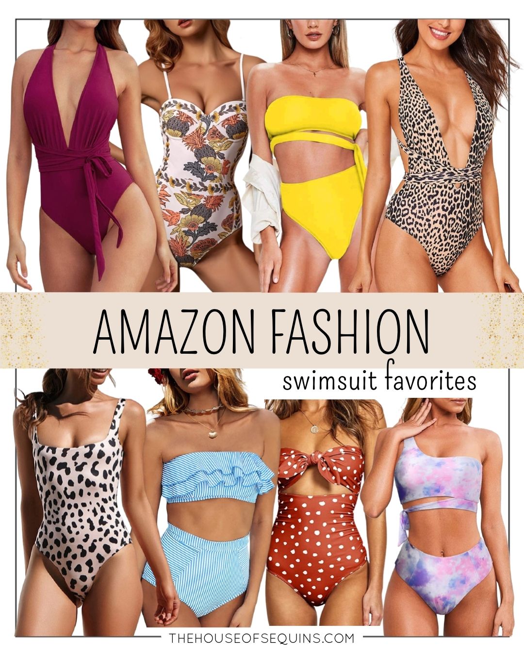 Blogger Sarah Lindner of the House of Sequins sharing Amazon Fashion swimsuit favorites.