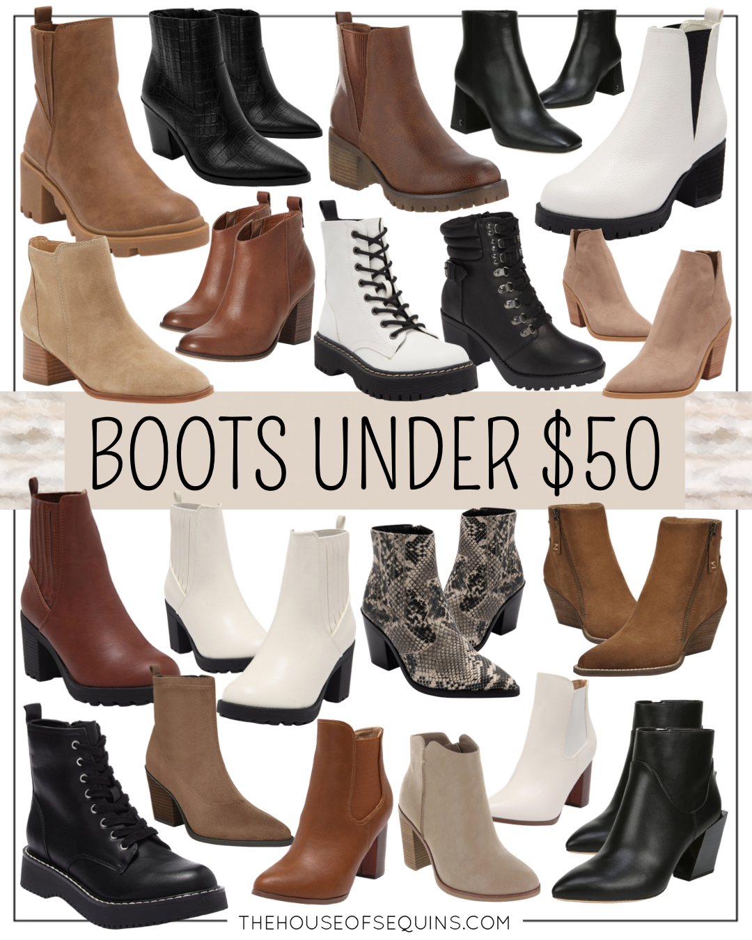 Blogger Sarah Lindner of The Houe of Sequins sharing Fall boots under $50. 