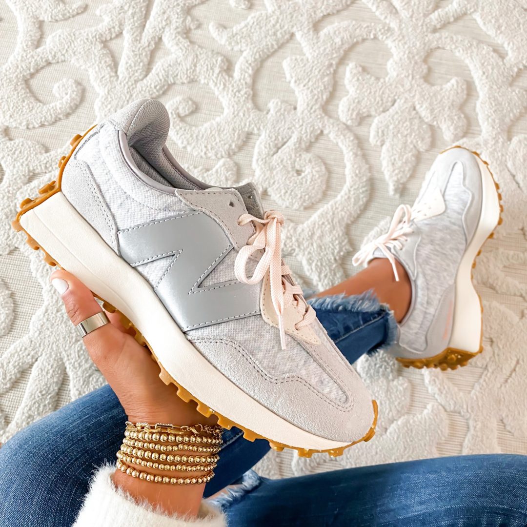 Blogger Sarah Lindner of The House of Sequins sharing New Balance sneakers.