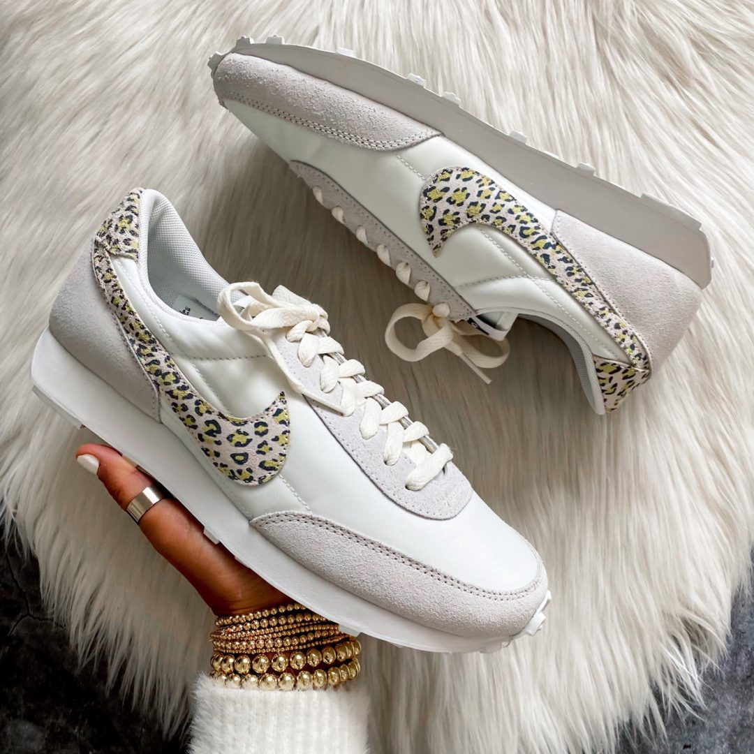 Blogger Sarah Lindner of The House of Sequins sharing leopard Nike sneakers.