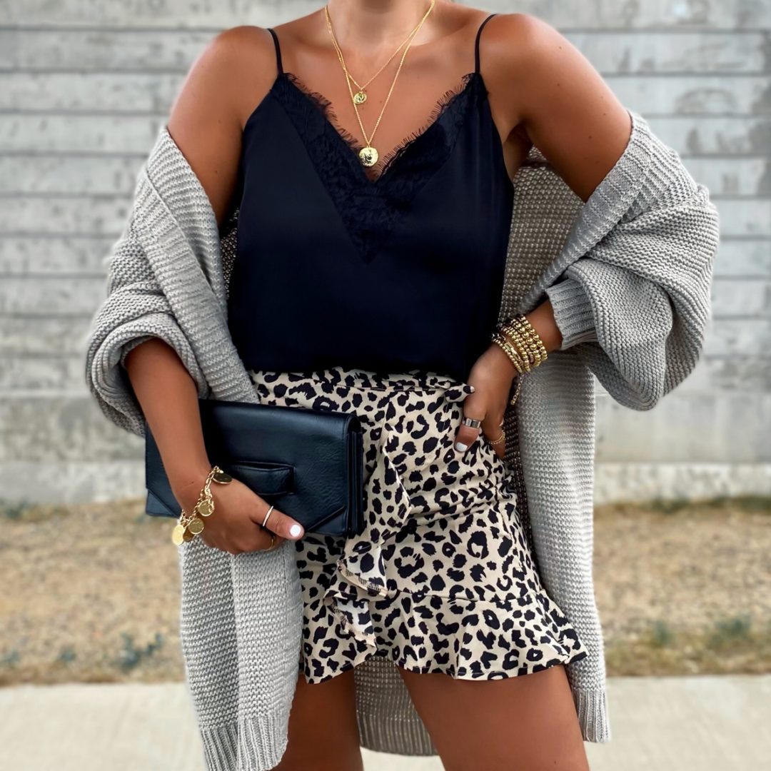 Blogger Sarah Lindner of The House of Sequins styling fall cardigan outfits.
