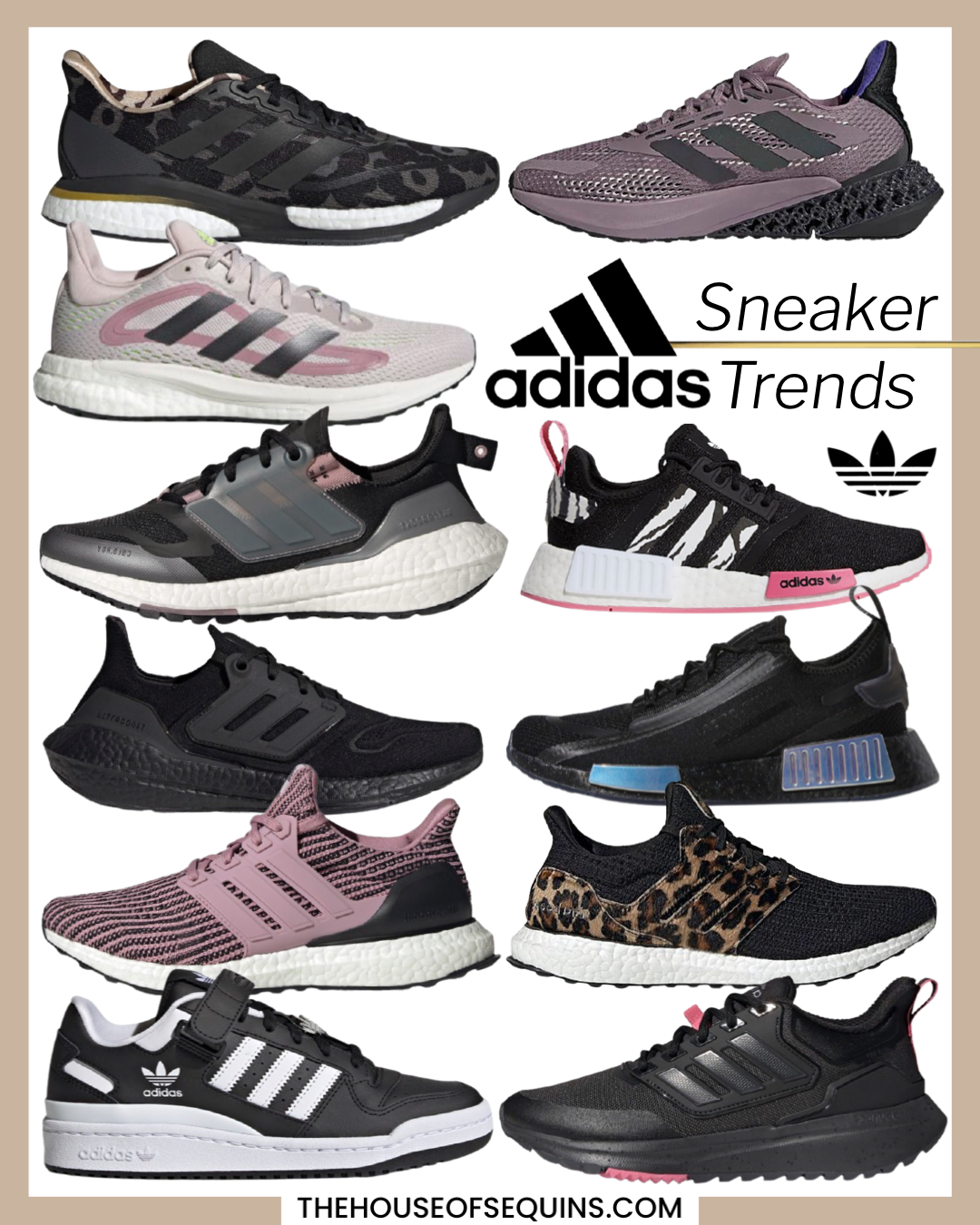 Blogger Sarah Lindner of The House of Sequins sharing the latest Nike sneaker and Adidas sneaker trends.