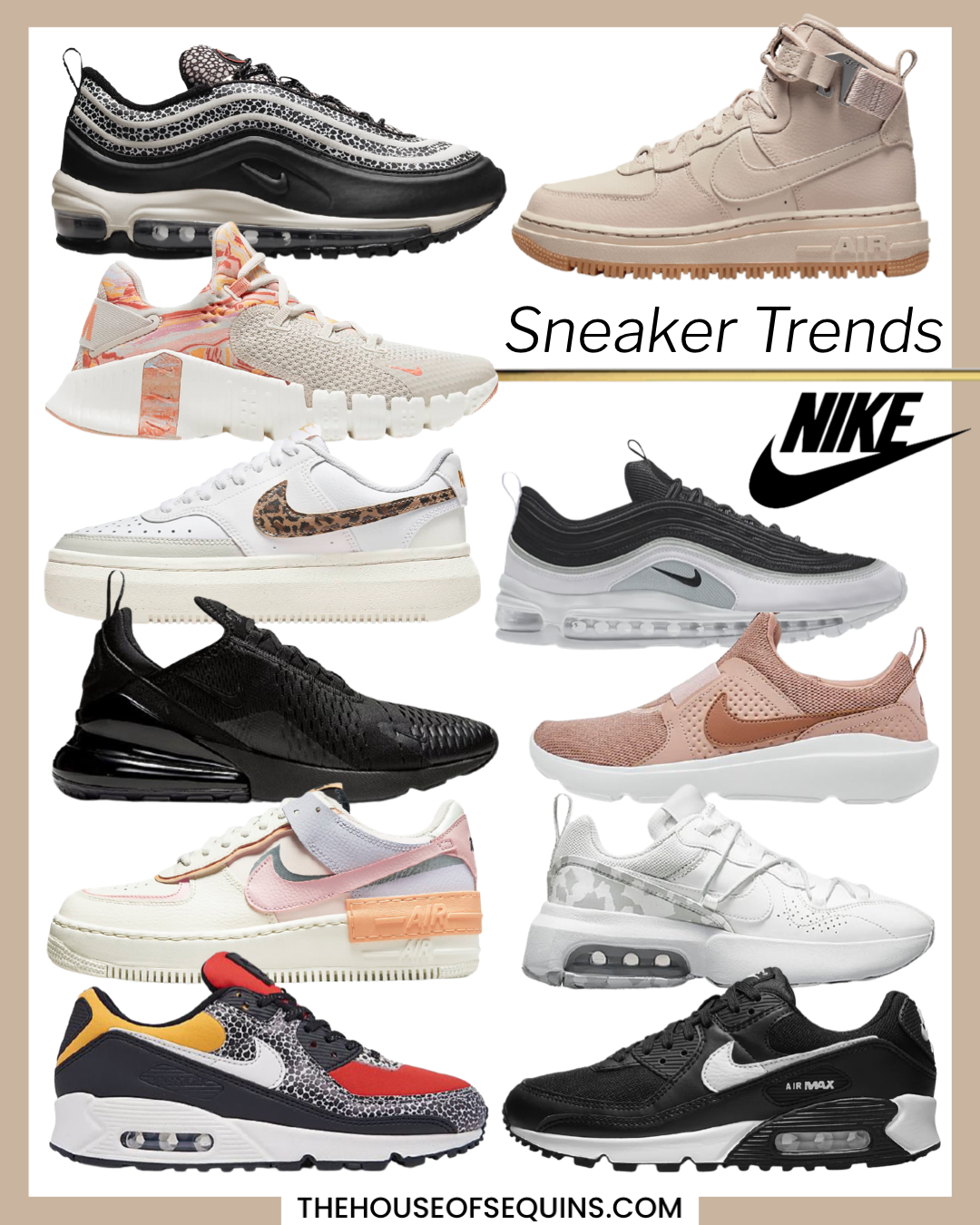 Blogger Sarah Lindner of The House of Sequins sharing the latest Nike sneaker and Adidas sneaker trends.