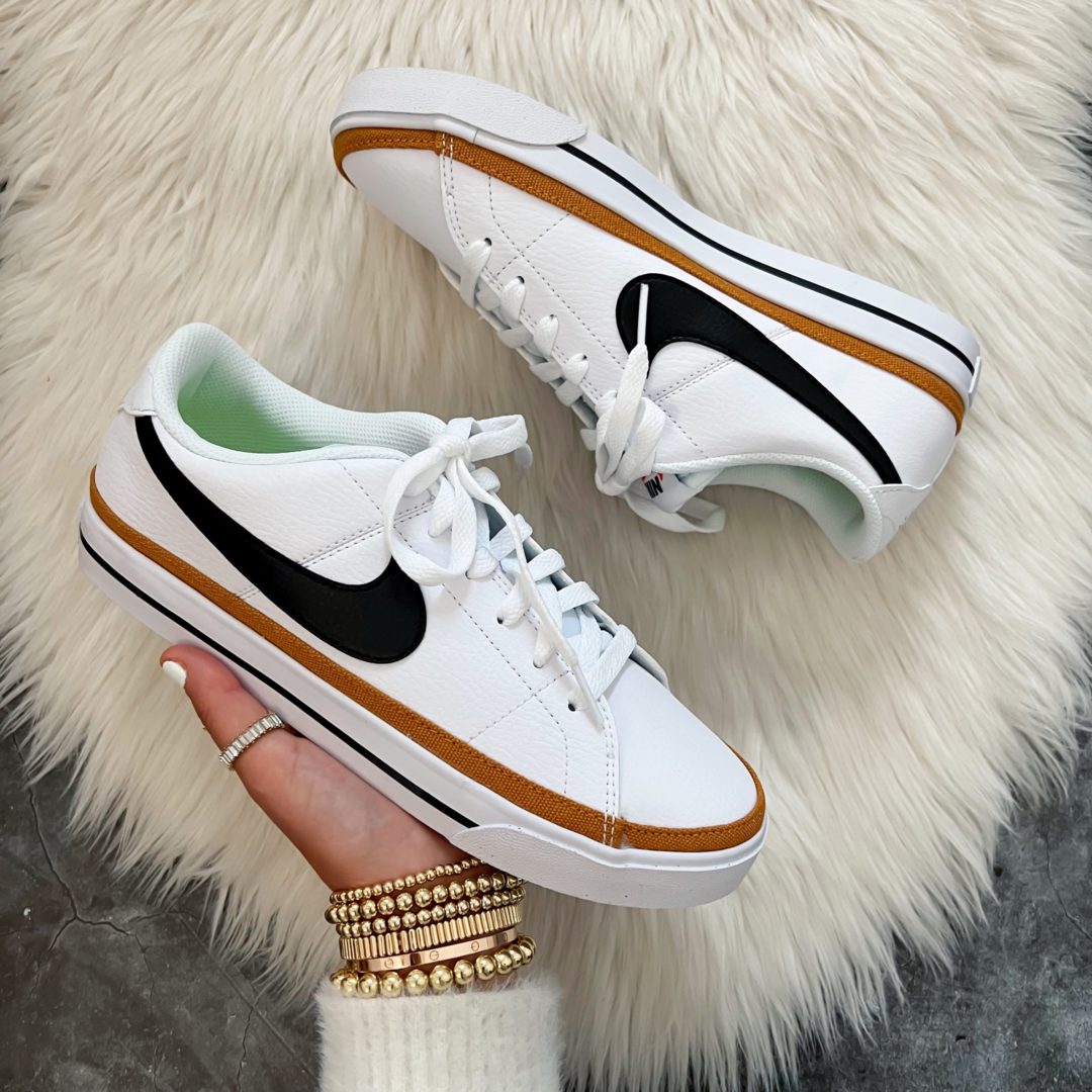 Blogger Sarah Lindner of The House of Sequins sharing Nike Court Legacy sneakers.