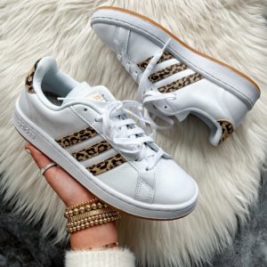 Blogger Sarah Lindner of The House of Sequins sharing Adidas leopard sneakers.