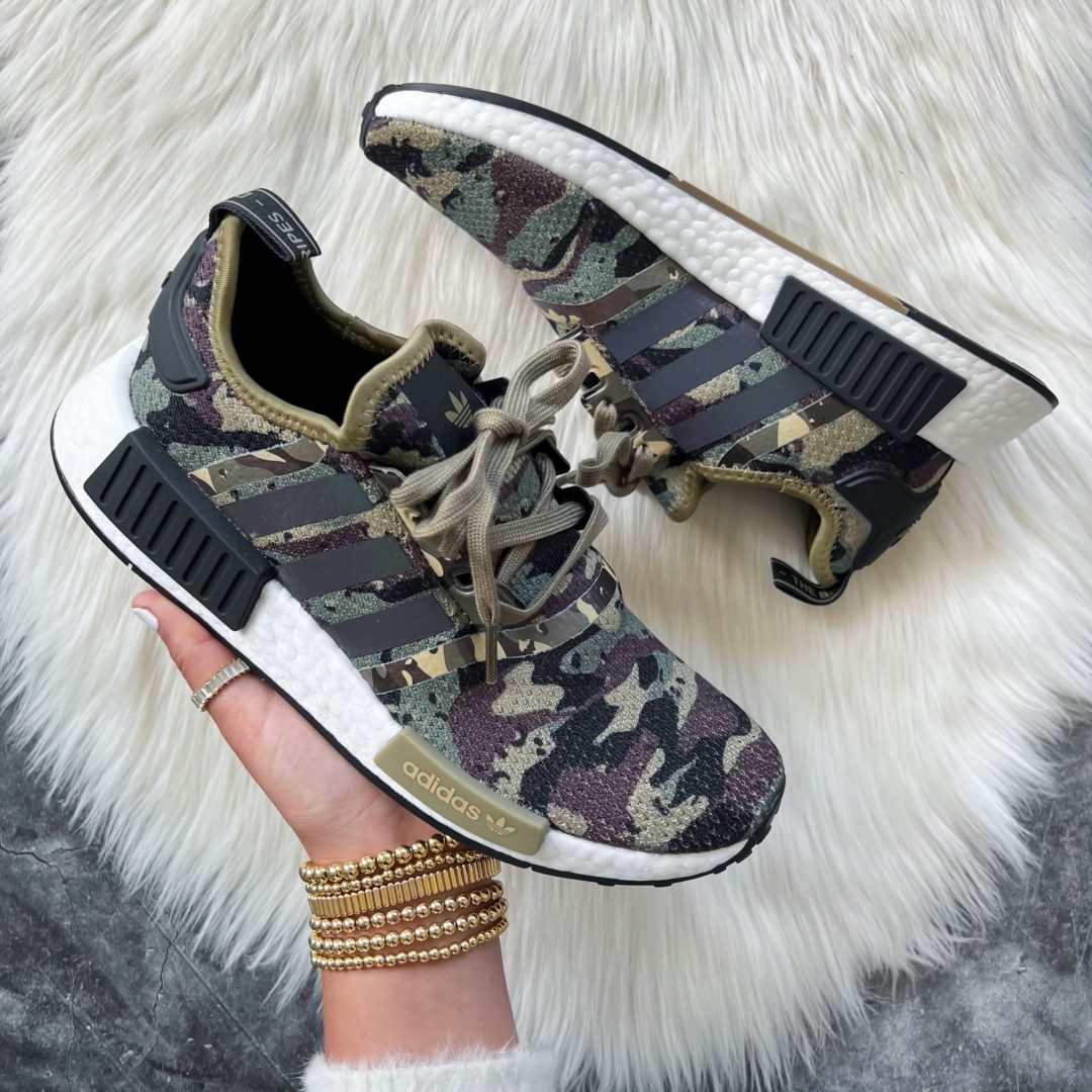 Blogger Sarah Lindner of The ouse of Sequins sharing camo Adidas sneakers.