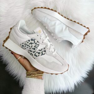Blogger Sarah Lindner of The House of Sequins sharing neutral sneaker finds.