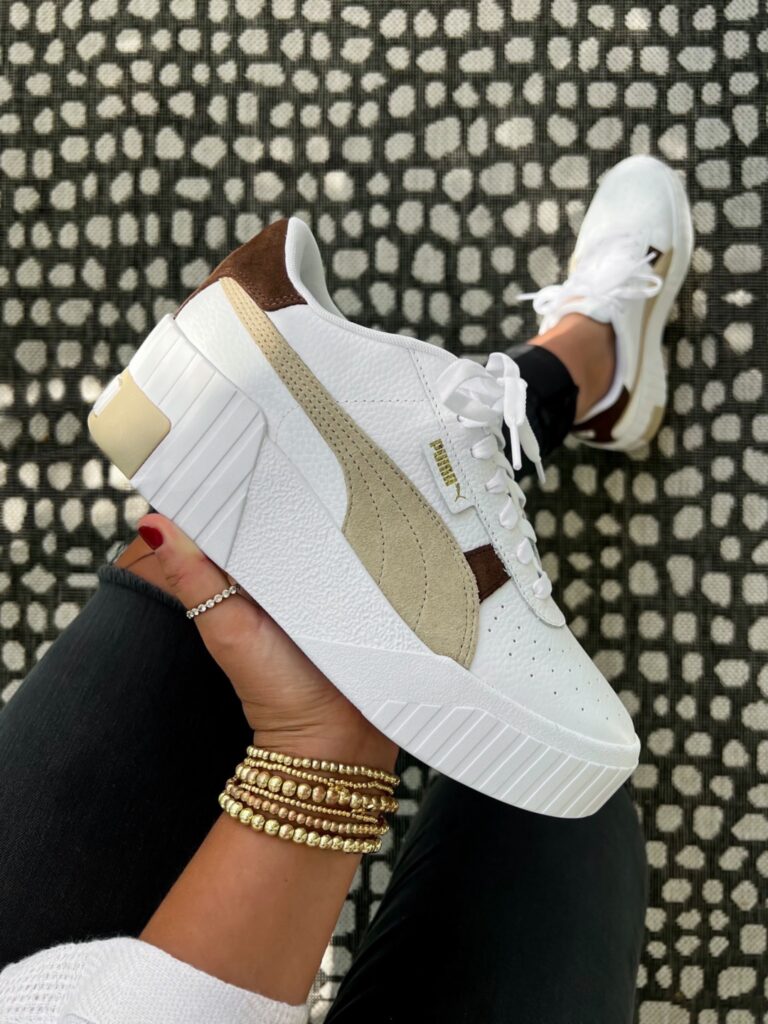Blogger Sarah Lindner of The House of Sequins sharing neutral sneaker finds.