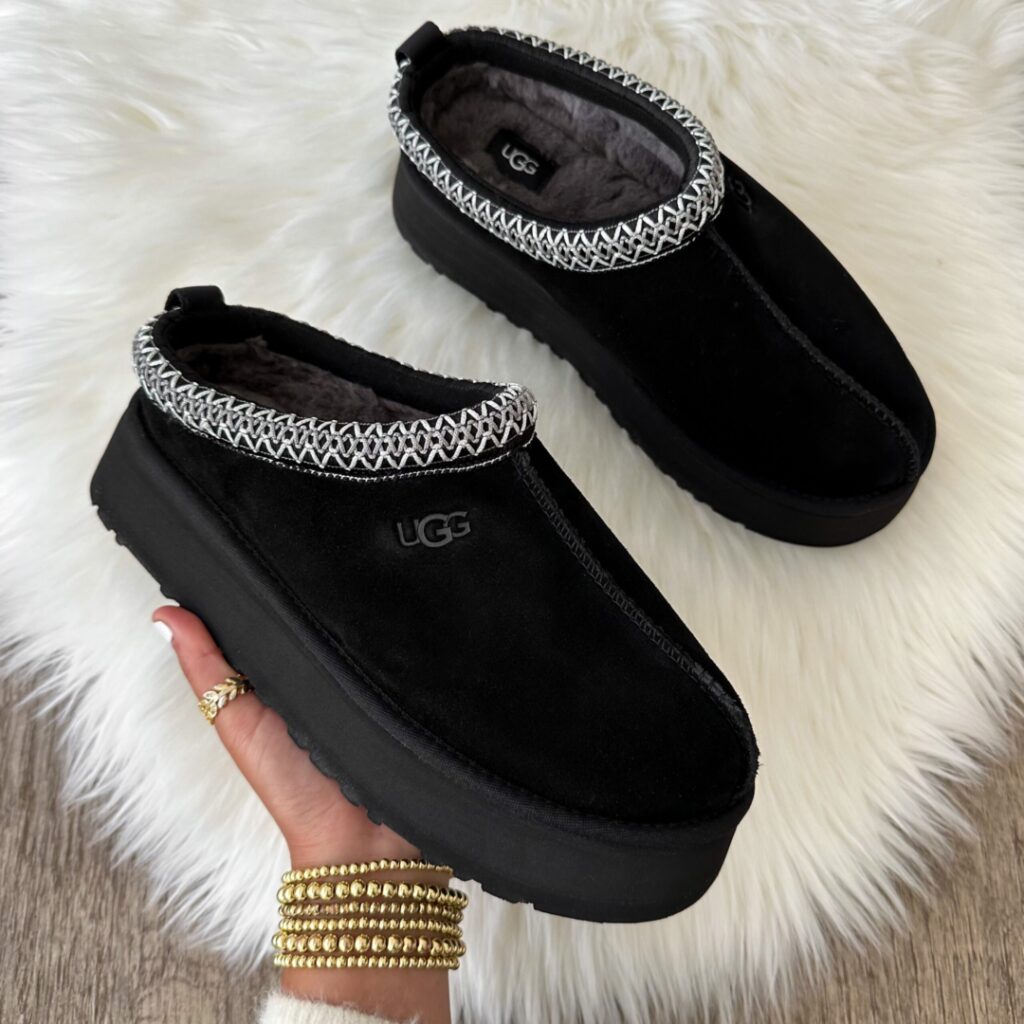 Blogger Sarah Lindner of The House of Sequins sharing Ugg Tazz slippers.