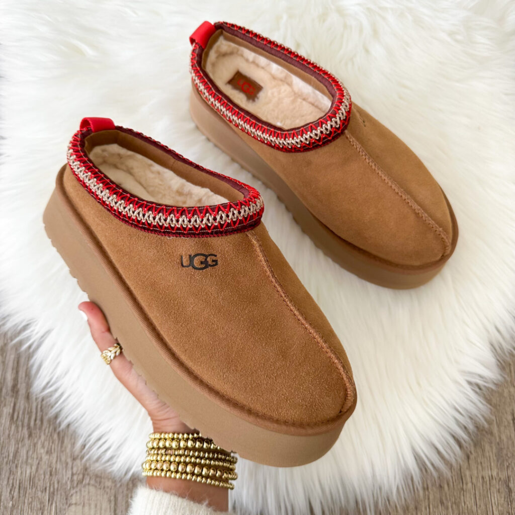 Blogger Sarah Lindner of The House of Sequins sharing Ugg Tazz slippers.