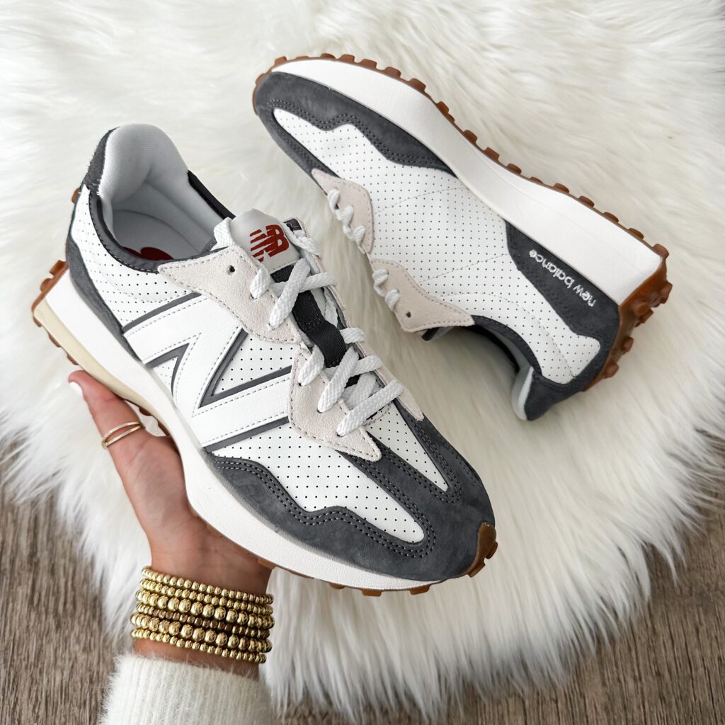 Blogger Sarah Lindner of The House of Sequins sharing New Balance 327 sneakers.