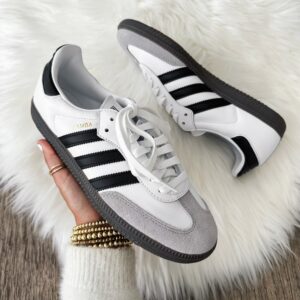 Blogger Sarah Lindner of The House of Sequins sharing Adidas Sambas sneakers.