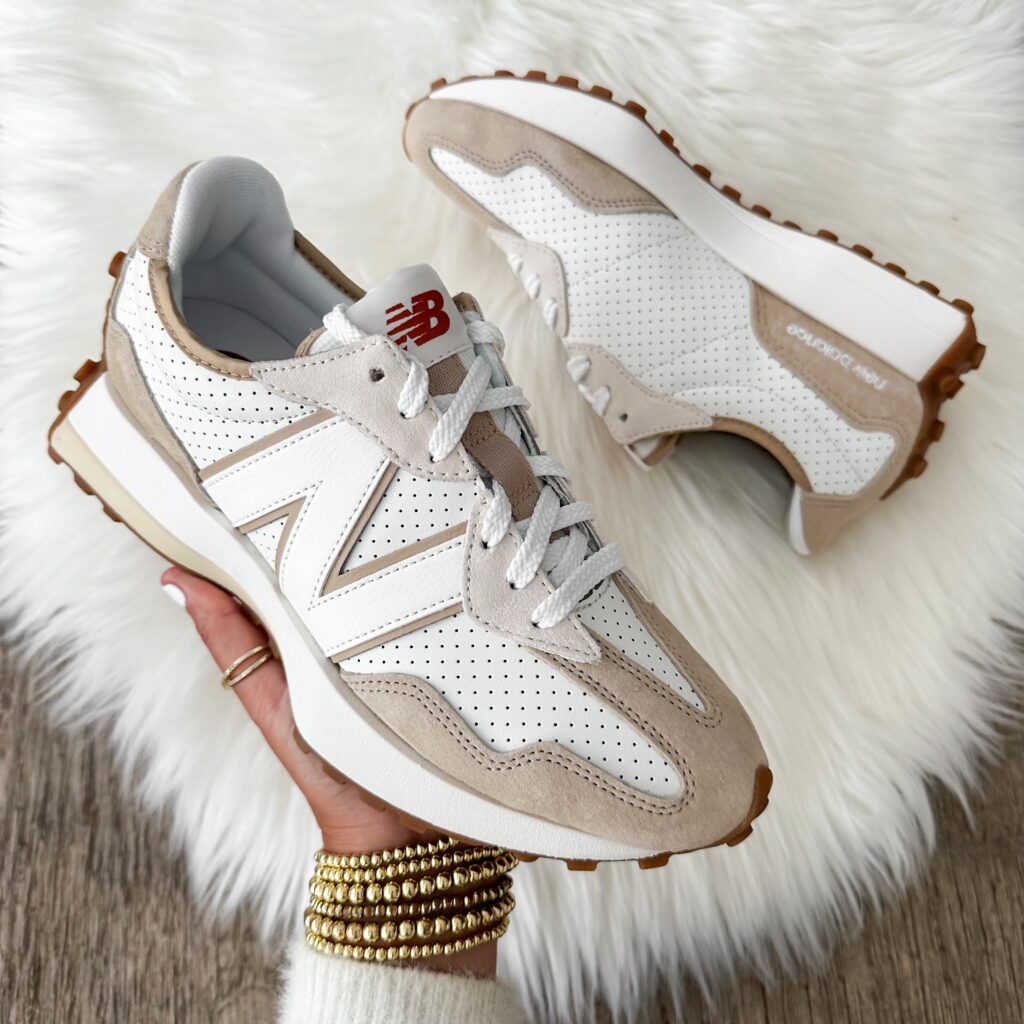 Blogger Sarah Lindner of The House of Sequins sharing New Balance 327 sneakers.